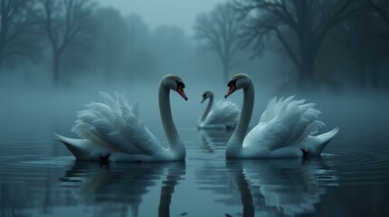Fototapeta premium Swans swimming in misty lake nature scene tranquil environment serene viewpoint wildlife concept
