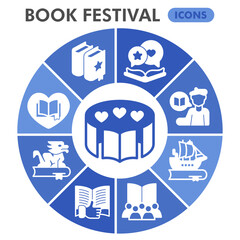 Book festival symbols collection or sketches, books theme bubble with glyph style signs for web and app. Vector graphics isolated on white background.