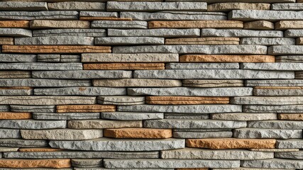 A stone wall comprised of uniquely shaped grey and tan stones creates a visually appealing and textured surface pattern.