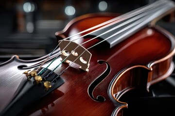 Fototapeta premium Close up of a beautifully crafted violin resting on a wooden surface at a concert hall