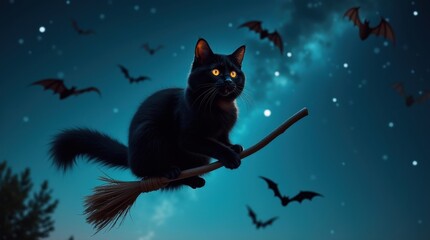 Fototapeta premium Mysterious black cat flying on broomstick night sky digital art fantasy elevated viewpoint