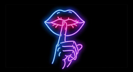 Neon lips and finger shushing gesture against black background