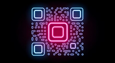 Vibrant neon qr code glowing on a dark background