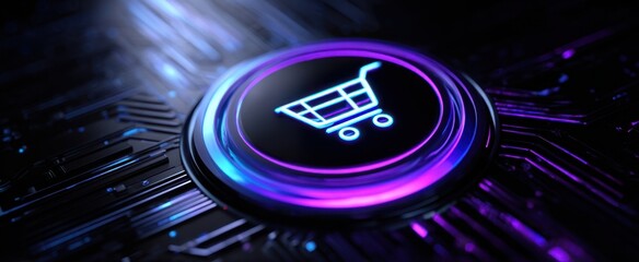 The glowing shopping cart icon on a futuristic digital background.