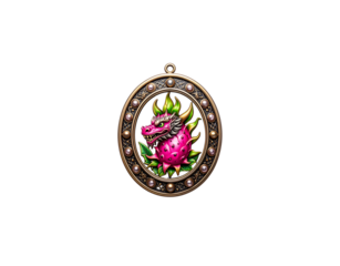 Ornate bronze medallion featuring a fierce pink dragon fruit monster with green horns.