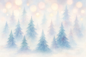 Obraz premium Winter landscape with pine trees shrouded in mist during dawn, creating a serene and tranquil atmosphere in a forest setting