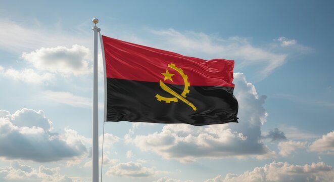 Angola National Flag Waving on Tall Flagpole in Sky with Clouds – Angola Independence Day Celebration, Patriotism, Freedom, Angola Culture & Heritage