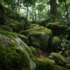 Lush mossy rocks in a misty forest