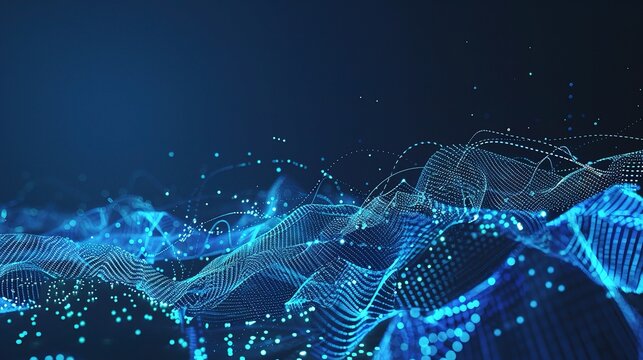 Abstract blue wave of digital data and artificial intelligence technology background with glowing dots, lines, and particles. 