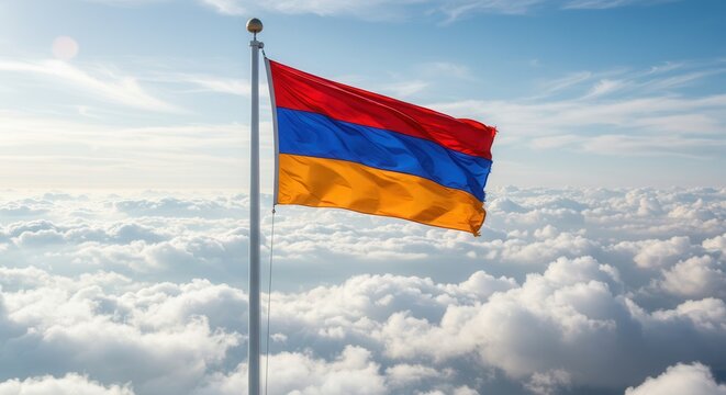 Armenia National Flag Waving on Tall Flagpole in Sky with Clouds – Armenian Independence Day Celebration, Patriotism, Freedom, Armenia Culture & Heritage - Powered by Adobe