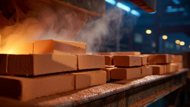 Firebrick and brick manufacturing with industrial heat and steam on conveyor belt showing glowing kiln furnace production process