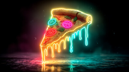 Neon glowing pizza slice floating in dark abstract setting