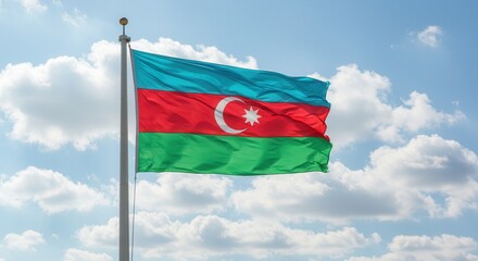 Azerbaijan National Flag Waving on Tall Flagpole in Sky with Clouds – Azerbaijan Independence Day Celebration, Patriotism, Freedom, Azerbaijan Culture & Heritage