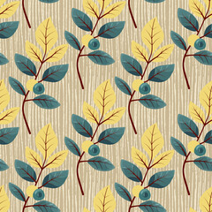 Obraz premium Seamless burlap texture pattern with leaves and berries. Natural jute sackcloth background with hand-drawn botanical elements. Rustic, eco-style textile design, ideal for organic packaging, home decor