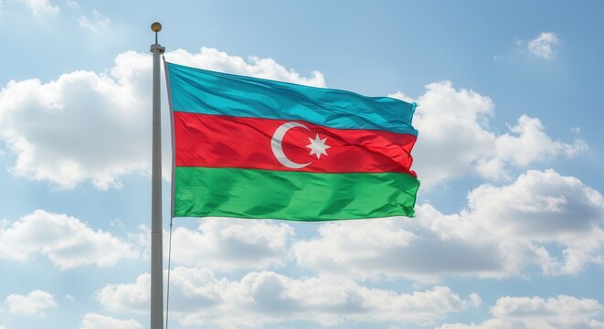 Azerbaijan National Flag Waving on Tall Flagpole in Sky with Clouds – Azerbaijan Independence Day Celebration, Patriotism, Freedom, Azerbaijan Culture & Heritage