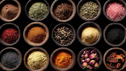 Array of colorful spices in small bowls