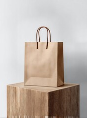 Beige paper shopping bag on light wooden block