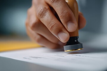 Close-up of a hand stamping a shipping manifest or bill of lading, official process. Documentation, logistics.