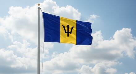 Barbados National Flag Waving on Tall Flagpole in Sky with Clouds – Barbados Independence Day Celebration, Patriotism, Freedom, Barbados Culture & Heritage