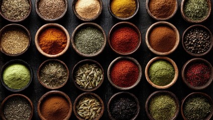 Assorted spices in small bowls, arranged in a grid pattern on a dark surface