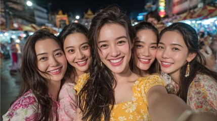 Obraz premium Smiling friends taking a selfie at a vibrant night market.