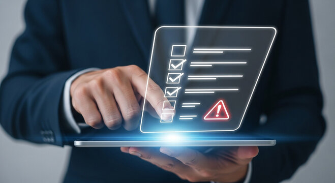 Person reviews a digital checklist with a warning icon on a tablet screen