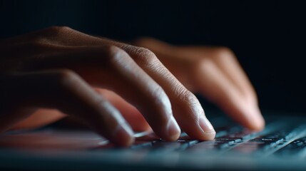 Person typing on a glowing laptop keyboard in a dark room, intense focus. Hacking, cybersecurity. Dramatic backlighting.