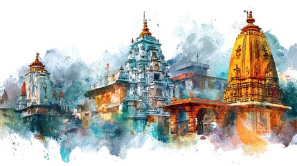 Captivating Watercolor Painting of Ancient Hindu Temples Evokes Spiritual Journey and Artistic Flair
