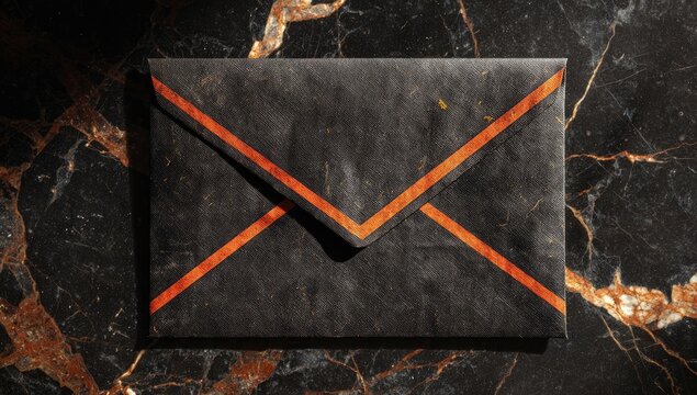 Dark envelope with orange trim on a marbled surface