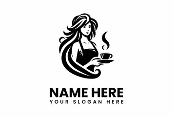 Elegant barista logo with flowing hair holding a steaming cup of coffee.