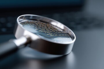 A magnifying glass hovering over complex code on a computer screen, representing debugging or analysis. Programming, cybersecurity.