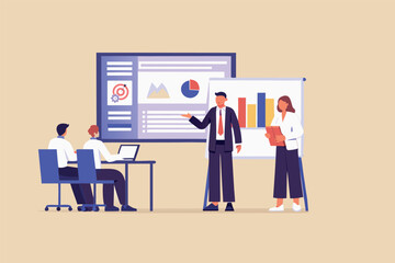 Business team collaborating on project delivering results driven presentation with charts.