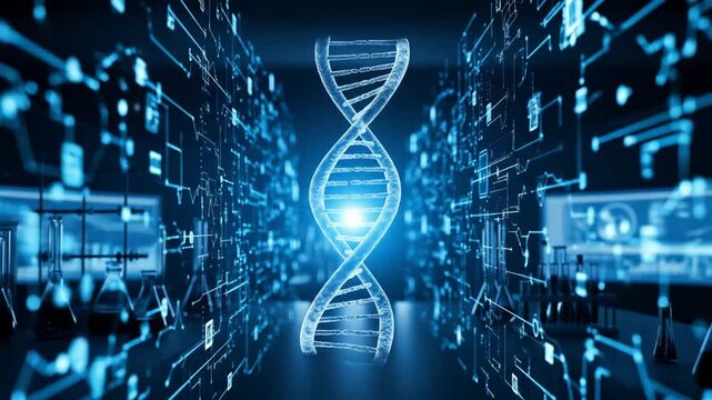 Digital DNA double helix glowing in a futuristic data center for genetic research concepts - Powered by Adobe