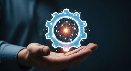 Person holding a glowing technological gear with abstract connections