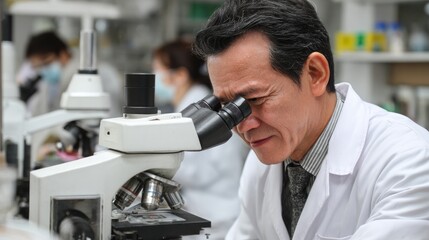 Scientist examining samples under a microscope in a laboratory setting.
