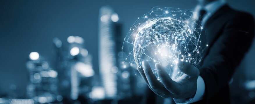 The business professional holding a glowing globe representing global connectivity and innovation.