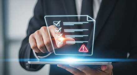 Person interacting with digital checklist and warning symbol on a tablet