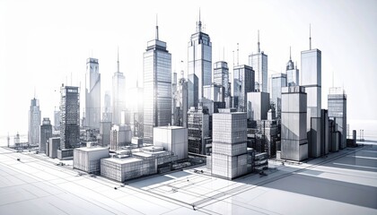 Modern Cityscape Illustration: Abstract urban skyline with towering buildings and sunburst effect on a clean white background.
