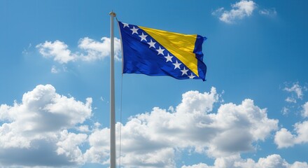 Bosnia National Flag Waving on Tall Flagpole in Sky with Clouds – Bosnian Independence Day Celebration, Patriotism, Freedom, Bosnia Culture & Heritage