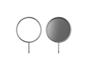 Two circular metal sign holders with stakes one hollow ring and one solid gray plate.