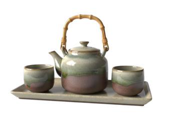 Asian ceramic tea set on a tray with a bamboo handle