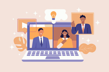 Connecting with colleagues during a virtual brainstorming session sharing creative ideas using warm pastel tones.