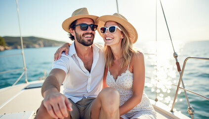 Obraz premium happy couple man and woman on a sailing yacht