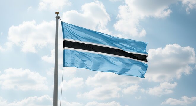 Botswana National Flag Waving on Tall Flagpole in Sky with Clouds – Botswana Independence Day Celebration, Patriotism, Freedom, Botswana Culture & Heritage - Powered by Adobe