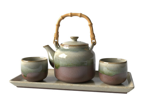 Asian ceramic tea set on a tray with a bamboo handle