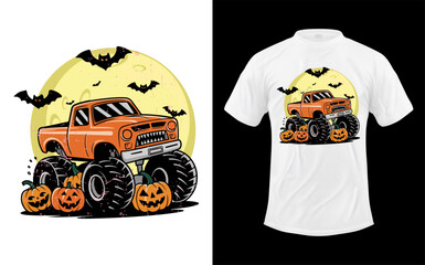Whimsical halloween monster truck with jack o lantern and moon silhouette perfect for toddlers and kids © DesignHub