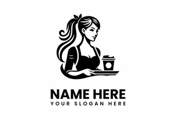 Elegant Coffee Shop Logo Featuring a Smiling Woman Serving Coffee.