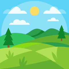 Fototapeta premium Sunny day over rolling green hills and trees