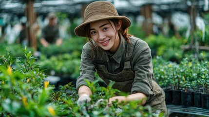 Gardener tending to plants in a greenhouse setting.