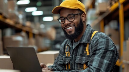 Smiling Warehouse Worker Using Laptop